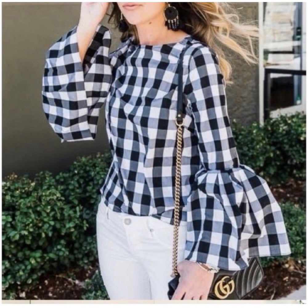 Anthropologie Black White Gigham belle Flare Sleeve Poplin Shirt. M rem faire - Picture 3 of 7